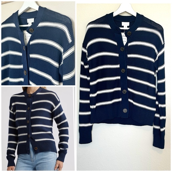 Caslon 100% Pima Cotton knit Button Cardigan Navy & White - Picture 1 of 10